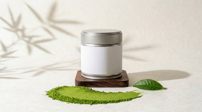 Premium matcha green tea tin mockup with powder sweep and bamboo leaf shadows