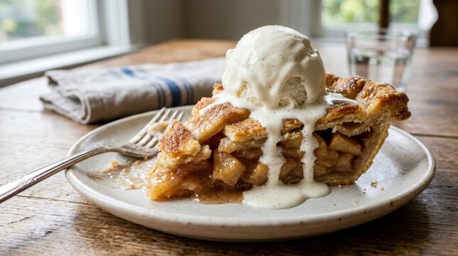 Delicious slice of apple pie with vanilla ice cream melting on top served on a plate with a fork.