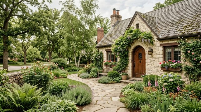 Charming stone cottage with a lush, blooming garden and winding flagstone path