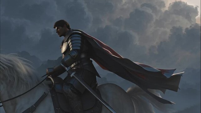 Armored Knight On White Horse With Flowing Red Cape
