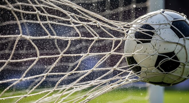 Soccer ball hitting the back of the net during an intense football match.