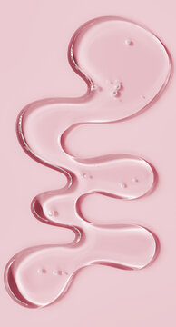 Abstract composition of clear viscous liquid gel wave with bubbles on pink background. Skincare 3d rendering for hydrating facial mask packaging or beauty treatment design template.