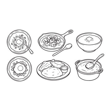 Food grits lineart Vector Illustration Creamy Grits Dishes Illustration Set with Eggs, Butter andToppings Southern Grits Food Illustration Traditional Grits Dishes Classic Grits Breakfast Illustration