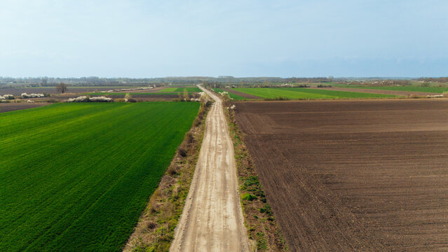 Aerial view of a long dirt road slicing through vibrant green fields and freshly plowed brown earth, contrasting textures under a soft sky, Sremska Mitrovica, Vojvodina, Serbia.