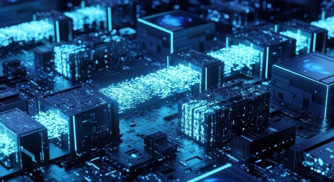 Isometric view of futuristic digital circuit board with glowing blue data cubes and streaming light representing cloud server infrastructure and global communication network for advanced computing.