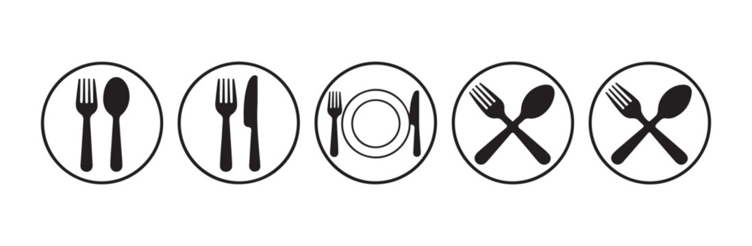 Dining cutlery set icons with fork spoon and knife symbols in circles for restaurant and cafe menu flat design.