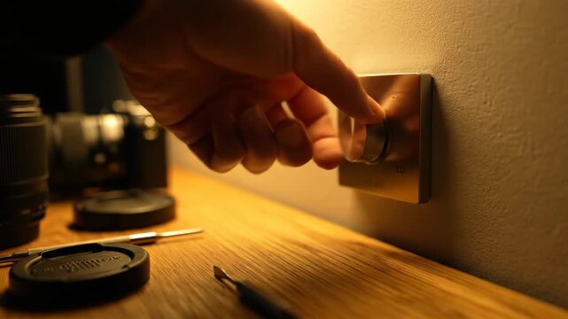 One person adjusting dimmer switch in warm light, on wood table with tools.