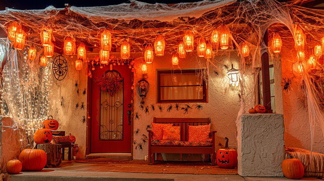 house decorated for Halloween with orange lights and pumpkins on the porch