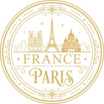 Elegant gold circular Paris France travel seal with landmarks isolated vector illustration