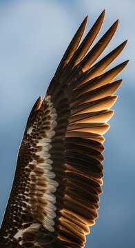 Majestic Eagle Wing Displaying Feathers Against Blue Sky.