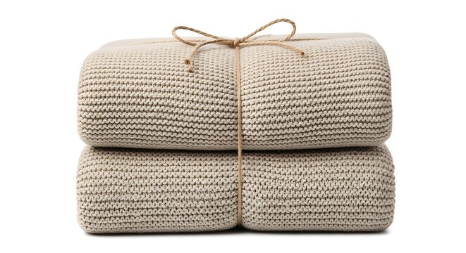 A neatly folded and tied stack of beige crocheted blankets on a white background