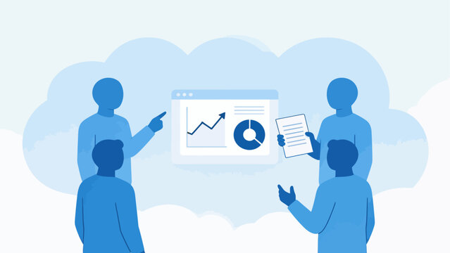 Four blue figures analyzing data on a screen
