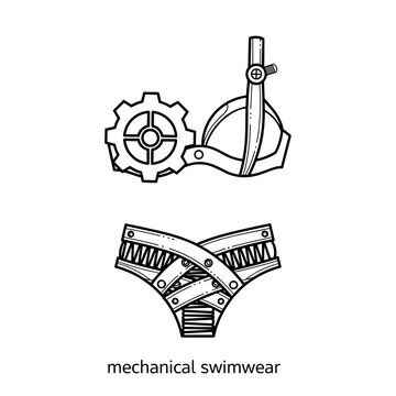 Steampunk mechanical swimwear vector illustration, industrial style bikini with gears and metal plates, futuristic robotic lingerie concept art