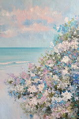 Naklejka premium Coastal seascape oil painting with blooming spring flowers, gentle ocean waves under pastel pink and blue skies