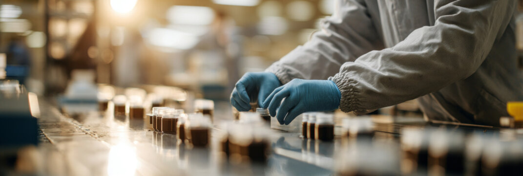 Quality control inspector wearing work gear examines products on the production line. The focus is on hands inspecting items for quality during a busy work environment