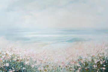 Naklejka premium Impressionist floral seascape painting showing blooming flowers along a calm pastel ocean shore under a serene sky