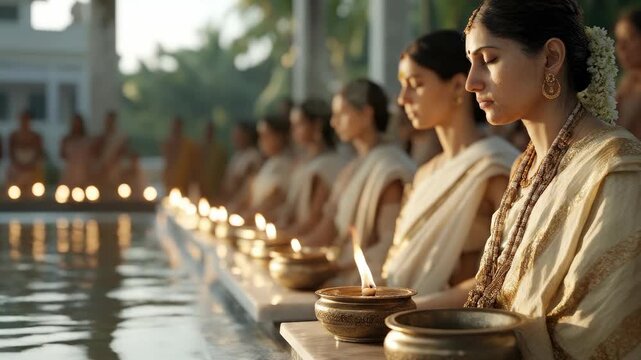 Female devotee meditates quietly, surrounded by devoted participants during a traditional spiritual ceremony, fostering inner peace, featuring warm glowing oil lamp, ancient cultural practice.