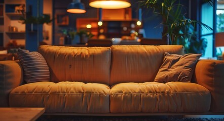 Obraz premium In the showroom, the comfortable sofa looks particularly appealing under the soft lighting