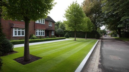 Fototapeta premium Contemporary suburban landscape featuring manicured lawn and mature trees with a classic brick house in the background along a quiet residential street