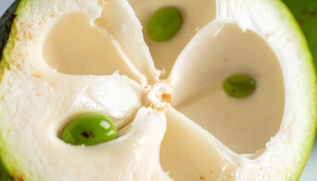Macro cross-section of white sapote fruit with creamy flesh and green seeds on plate