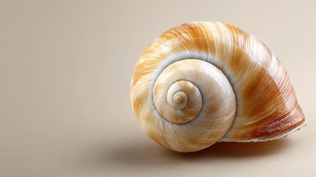 Snail shell on beige background close up view of a single snail shell resting on a neutral beige surface simple clean