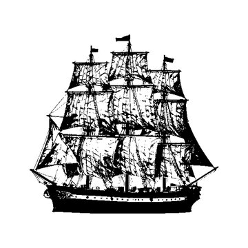 Black and white art of a historic sailing vessel, detailed rigging and sails, maritime clipper ship, nautical illustration, vintage maritime art.