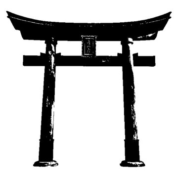 Sacred Shinto shrine entrance gate, wooden torii with aged texture, curved beam, vertical pillars, ceremonial marker, spiritual threshold.