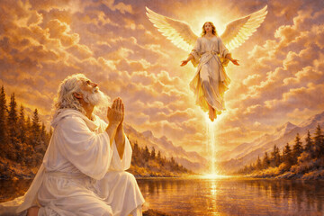 Fototapeta premium An old man in white robes praying on his knees before an angel with open wings glowing in golden light above a river in a heavenly landscape