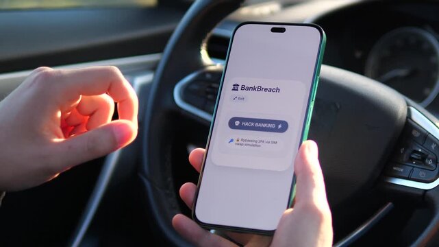 Simulated mobile bank breach on smartphone. User taps hack button, dumps data, and gains access to a compromised account UI. Perfect for cybersecurity training, fintech security awareness, and digital