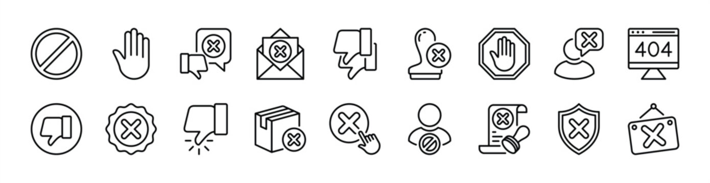 Rejection thin line icon set. Contains forbidden, stop, thumbs down, dislike, return, button, stamp, declined partnership, message, 404, close signboard, block, disapproval, spam - vector illustration