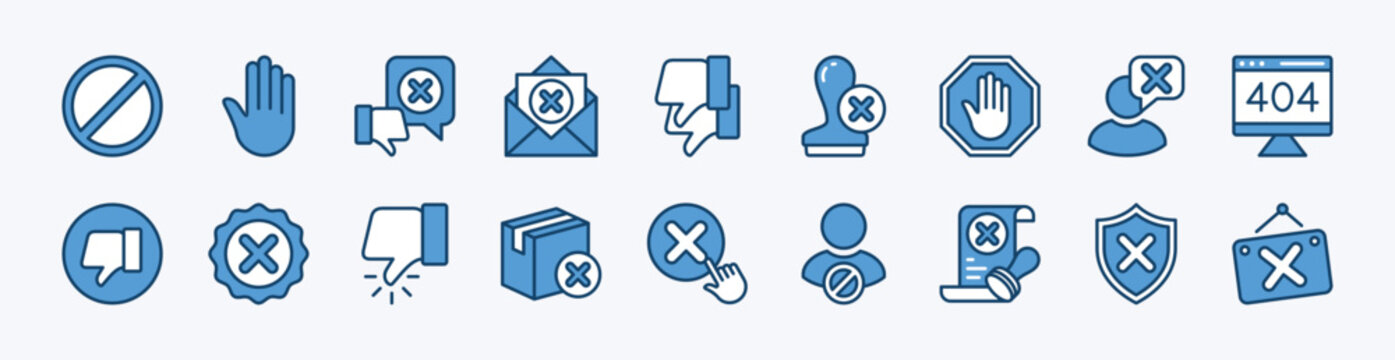 Set of rejection icon. Contains forbidden, stop, thumbs down, dislike, return, button, stamp, declined partnership, message, 404, close signboard, block, disapproval, spam - vector illustration