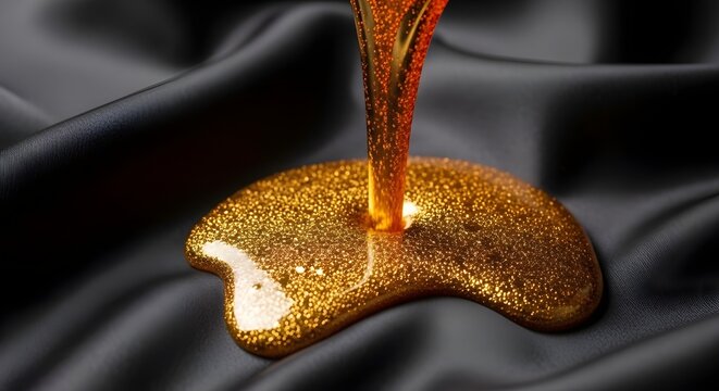 Abstract waves of molten gold interweaving with deep charcoal silk fabric, creating a high-contrast, tactile sensation.