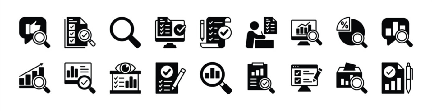 Search and research icon vector set. Contains feedback, data analytics, market, SEO, result, survey, digital report, stock exchange, evaluation, bar chart statistics, ballot percentage - illustration