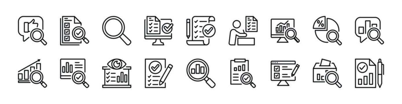 Search and research thin line icon set. Contains feedback, data analytics, market, SEO, result, survey, digital report, stock exchange, evaluation, bar chart statistics, ballot percentage - vector