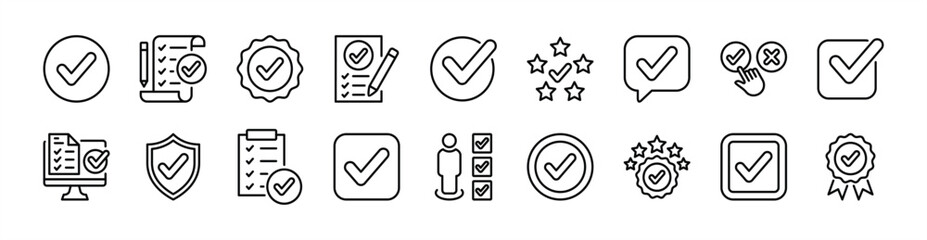 Fototapeta na wymiar Checkmark thin line icon set contains checked, tick, check, checkbox, validation, confirmation, done, completed, approve, yes, correct, right, verify, accept, ok, success, agree, exam, survey - vector