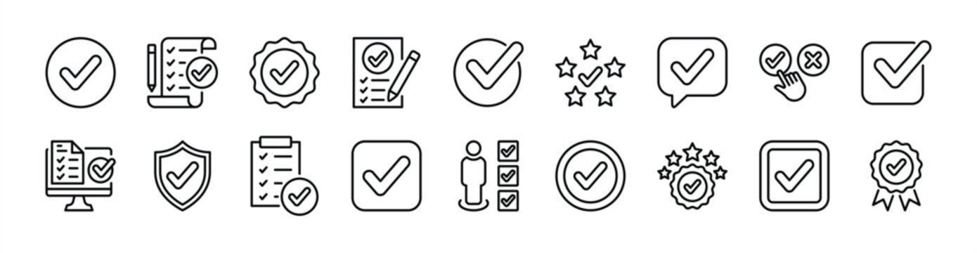 Checkmark thin line icon set contains checked, tick, check, checkbox, validation, confirmation, done, completed, approve, yes, correct, right, verify, accept, ok, success, agree, exam, survey - vector
