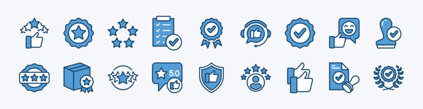 Set of quality control icon. Contains good feedback, five stars, thumbs up, certification, validation, badge, checkmark, approve, accept,  stamp, confirm, agree, guarantee, security, product - vector