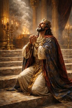 King Solomon in luxurious robes and crown praying on his knees in a golden temple by candlelight &mdash; a scene of deep repentance and prayer to God