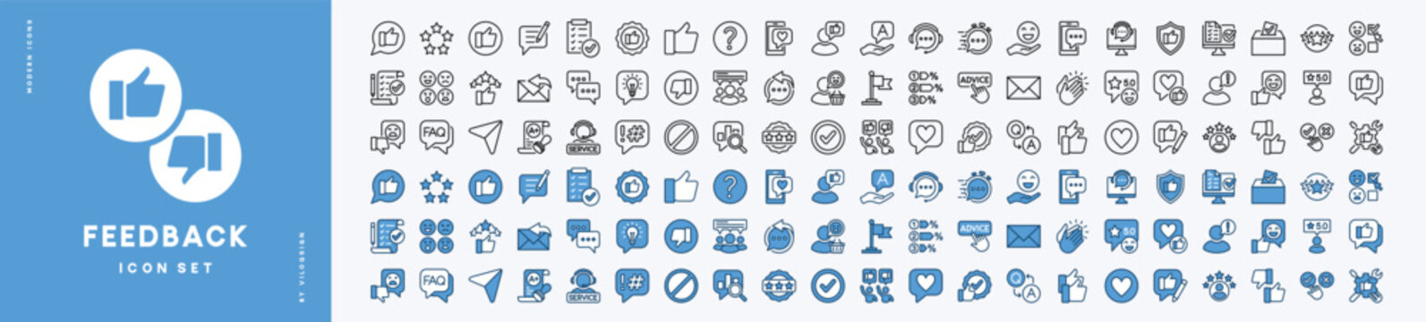 Feedback and satisfaction icon vector set. Contains thumbs up, stars, happy faces, rating, review, testimonial, support, survey, evaluation, comment, opinion, response, social media. Illustration