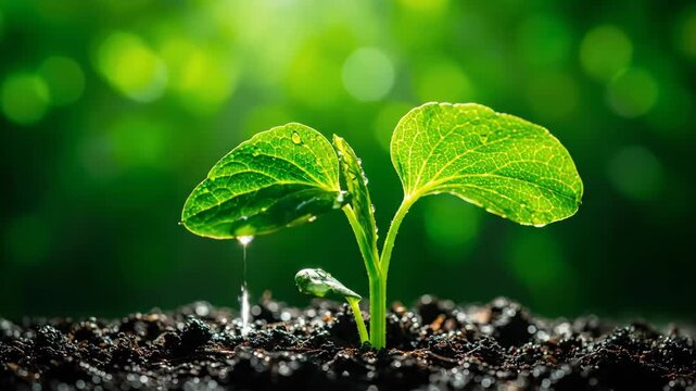 Green seedling growing in soil, new plant sprout in sunlight, growth concept.