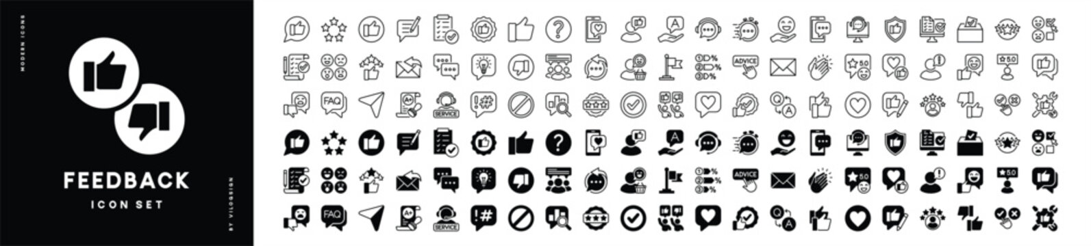 Feedback and satisfaction icon set. Contains thumbs up, stars, happy faces, rating, review, testimonial, support, survey, evaluation, comment, opinion, response, social media. Vector illustration