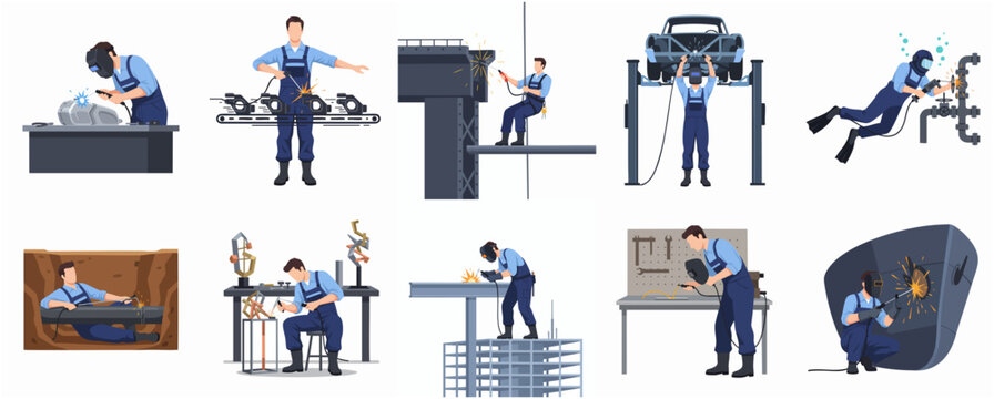 Modern Flat Style Various Welding and Metalworking Scenes Character Illustration