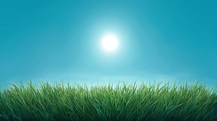 Fototapeta premium Lush Green Grass Under Bright Sunlight with Clear Blue Sky in the Background, Evoking Feelings of Freshness and Natural Beauty