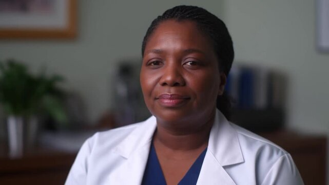 An attentive african american doctor in a white coat listens with a concerned, empathetic expression in a clinical office, concept of trust and professional healthcare
