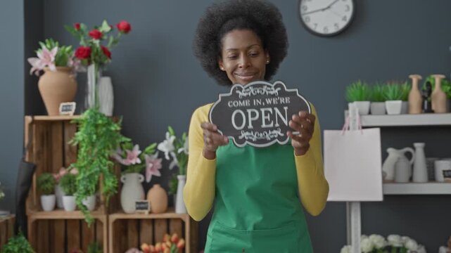 Woman florist in green apron smiling and pointing finger to open sign beside flowers in building; welcoming community shop.
