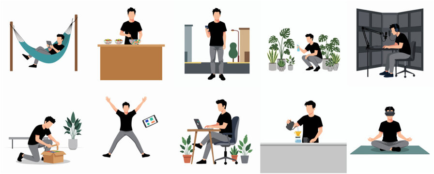 Flat Illustration Man Engaged in Different Hobbies and Home Activities