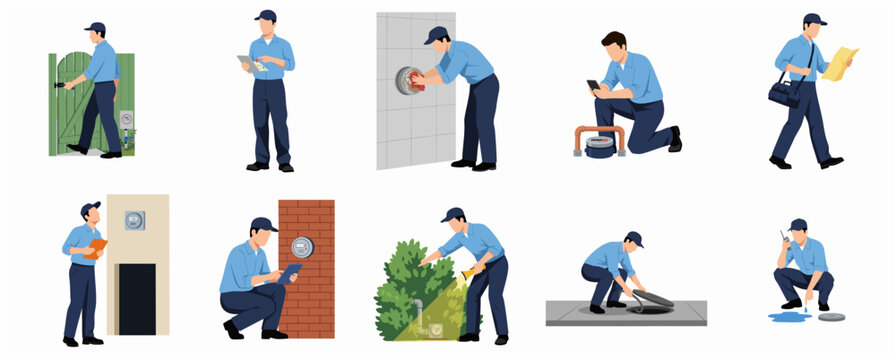 Simple Flat Style Illustration of Meter Reader in Various Poses