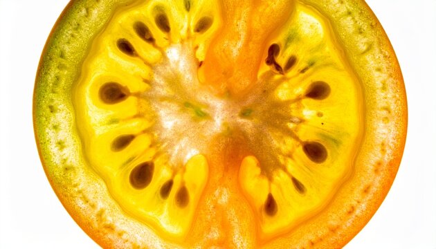 Vibrant heirloom tomato cross-section with juicy seed locules and golden hues