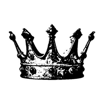Black and white illustration of a regal crown featuring five pointed, jeweled embellishments, and detailed scrollwork, viewed from front, isolated on transparent background.