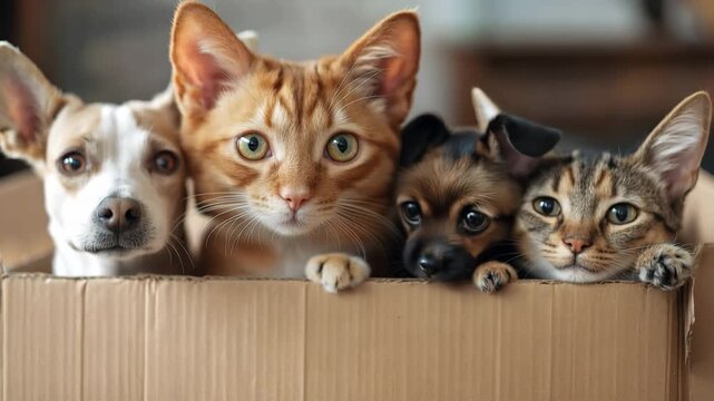 A heartwarming scene of rescued cats and dogs sharing a cardboard box, highlighting emotional wellness, unconditional love, and modern pet parenthood.